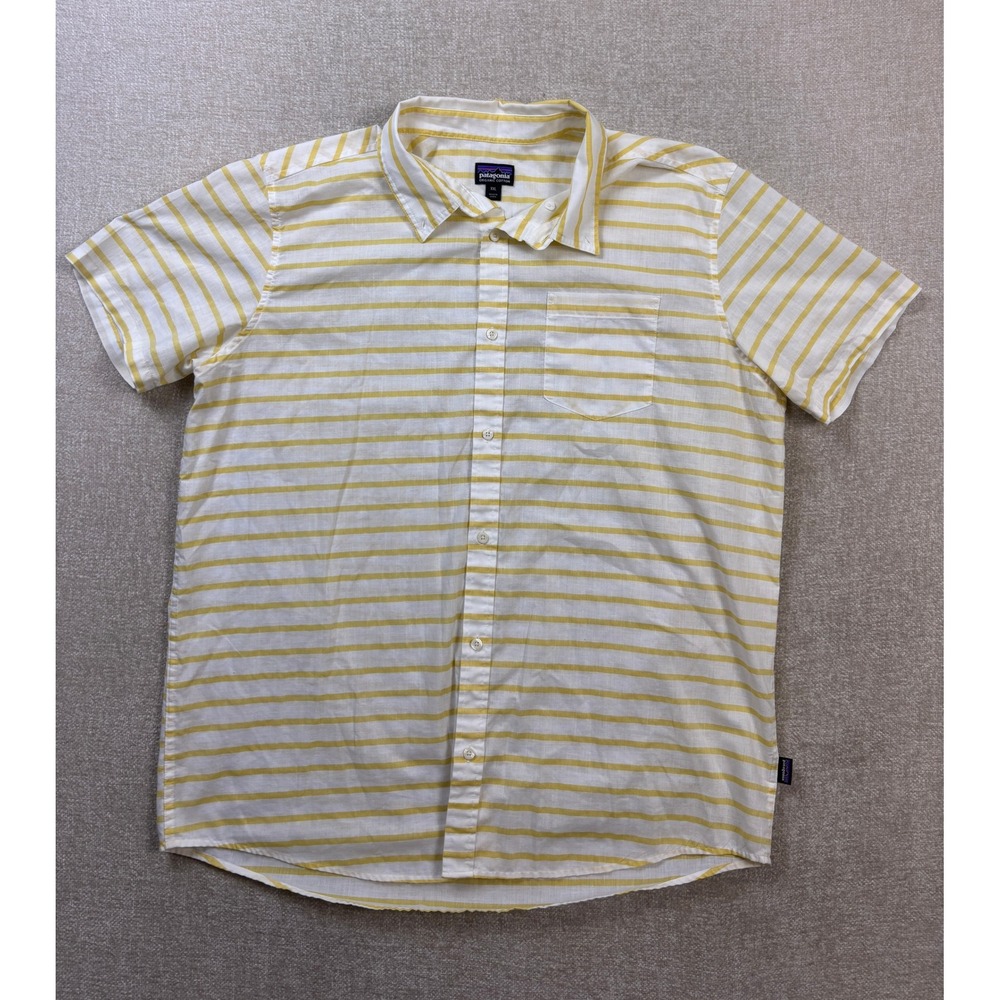 Patagonia Mens XXL Yellow White Striped Organic Cotton Short Sleeve Button Down